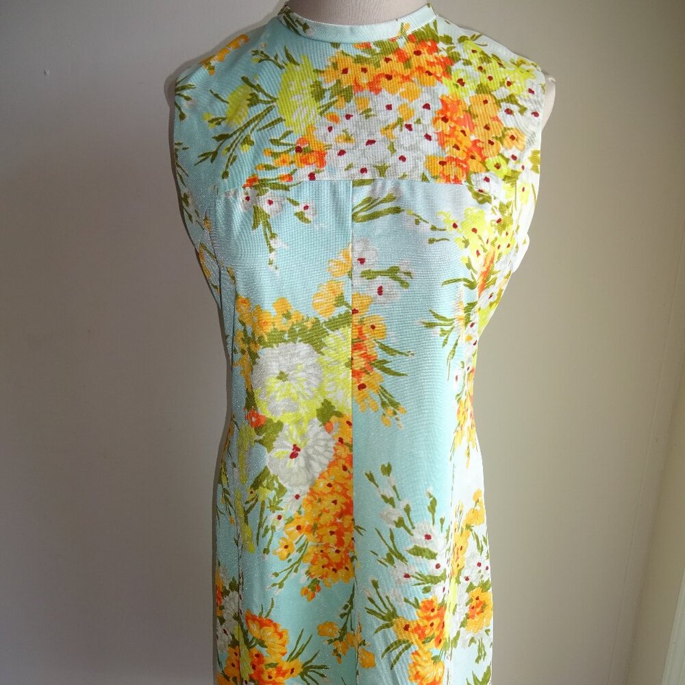 Vintage Blue 1970s Floral Sleeveless Shift Dress S M Orange Yellow White Flowers